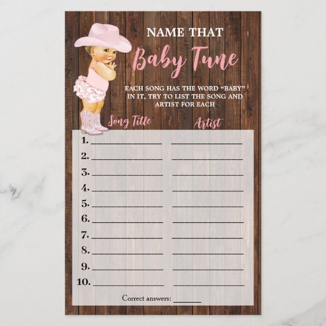 Rosa Cowgirl Namn som Baby Tune Shower Game Card Flygblad (Framsidan)