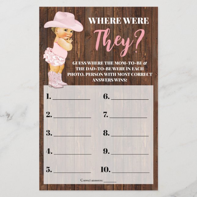 Rosa Cowgirl var de Baby Shower Game Card Flygblad (Framsidan)