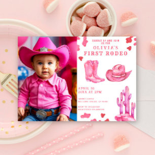 Rosa cowgirl Vilda västern 1:a Rodeo födelsedagsfe Inbjudningar
