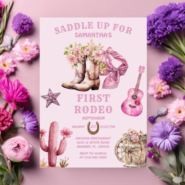 Rosa Cowgirl Western Första Rodeo Bågar Födelsedag Inbjudningar (Skapare uppladdad)