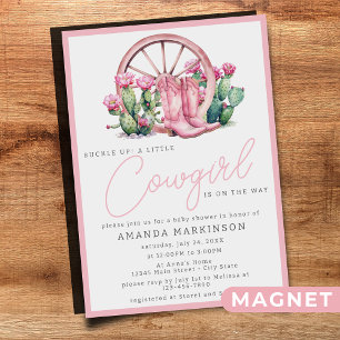 Rosa Cowgirl Western Kaktus Bebis Shower Magnetisk Inbjudningskort