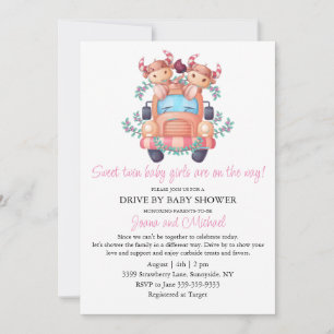 Rosa Cows Rosa Car Twin Girls Drive by Baby Shower Inbjudningar