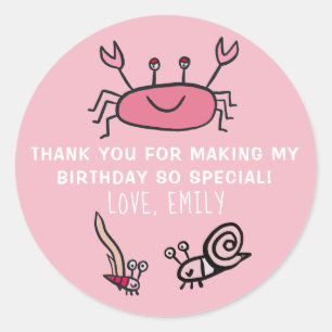 Rosa Crab Sea Animal Girl Birthday Favor Sticker Runt Klistermärke