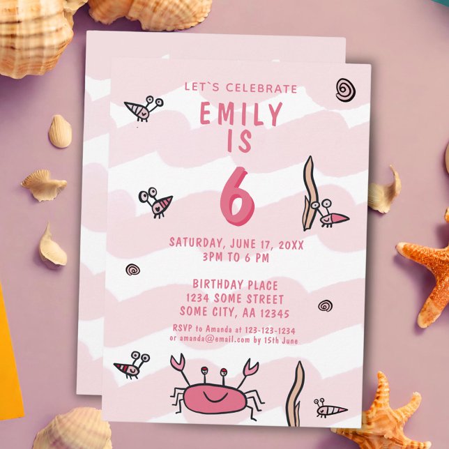 Rosa Crab Sea Animals Birthday-inbjudan Inbjudningar (Skapare uppladdad)
