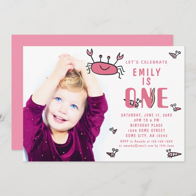 Rosa Crab Sea Animals Flickfoto 1:a födelsedagen Inbjudningar (Fram/baksida)