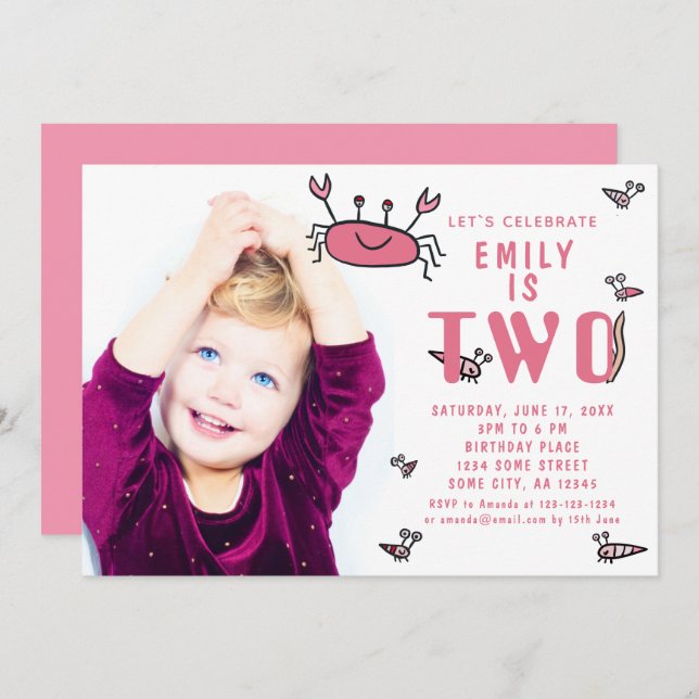 Rosa Crab Sea Animals Flickfoto 2:a födelsedagen Inbjudningar (Fram/baksida)