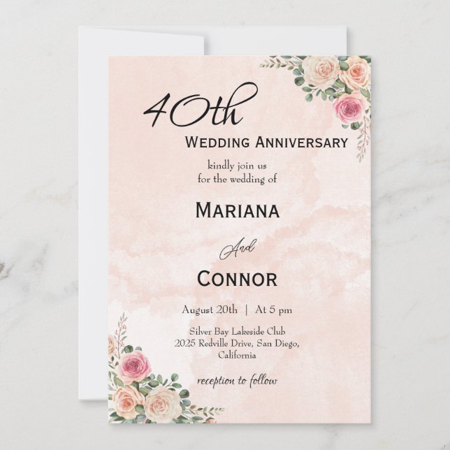 Rosa Cream Blommigt Bröllop-årsdagen Inbjudningar (Framsida)