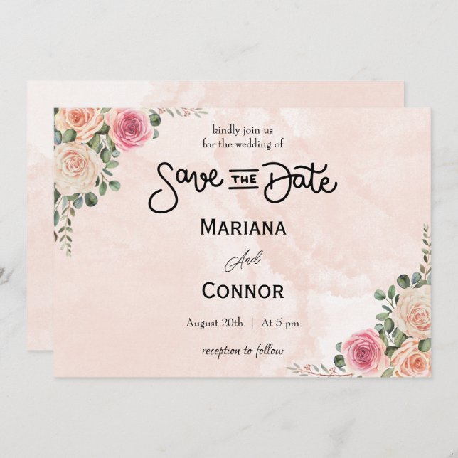 Rosa Cream Blommigt Garden Wedding Spara datum Inbjudningar (Fram/baksida)