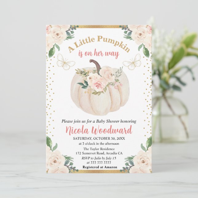  Rosa & Cream Blommigt Pumpkin Baby Shower Inbjudningar (Stående Fram)