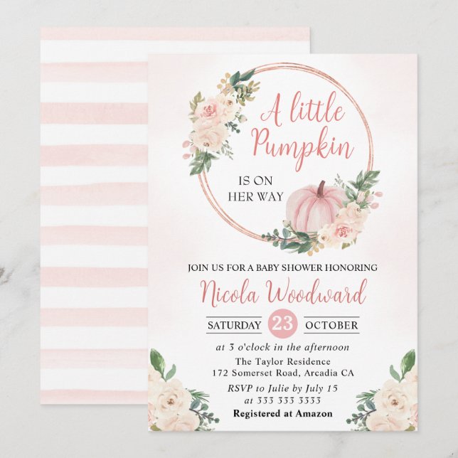  Rosa & Cream Blommigt Pumpkin Baby Shower Inbjudningar (Fram/baksida)