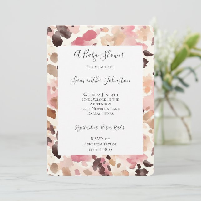 Rosa Cream Brown Leopard Animal Print Baby Shower Inbjudningar (Stående Fram)