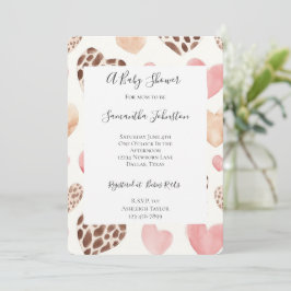 Rosa Cream Brown Leopard Hearts Baby Shower Inbjudningar