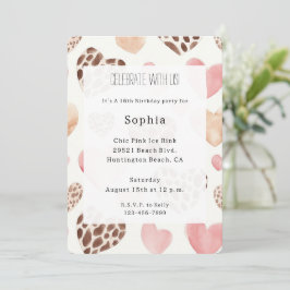 Rosa Cream Brown Leopard Hearts Birthday Inbjudningar