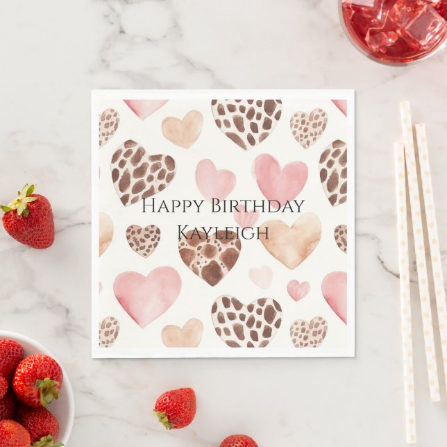 Rosa Cream Brown Leopard Hearts Birthday Pappersservett (Insitu)