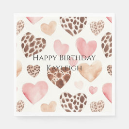 Rosa Cream Brown Leopard Hearts Birthday Pappersservett