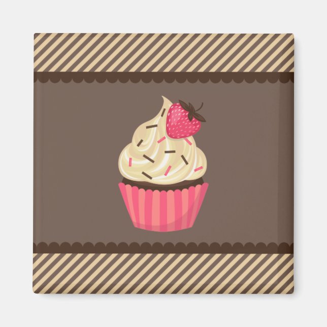 Rosa Cream Brown Rand Strawberry Cupaka Magnet (Framsidan)