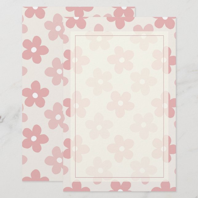 Rosa Cream Daisy Flowers Retro Mönster Brevpapper (Fram/baksida)