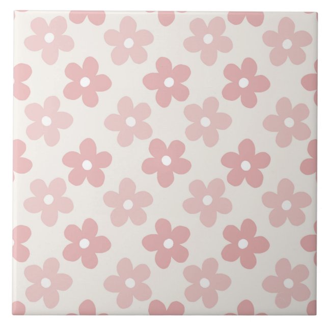 Rosa Cream Daisy Flowers Retro Mönster Kakelplatta (Framsidan)