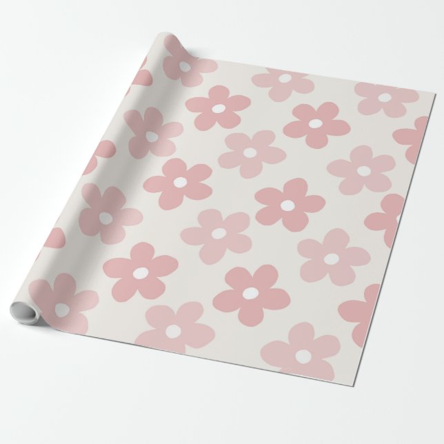 Rosa Cream Daisy Flowers Retro Mönster Presentpapper (Utrullad)