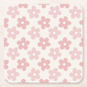 Rosa Cream Daisy Flowers Retro Mönster Underlägg Papper Kvadrat