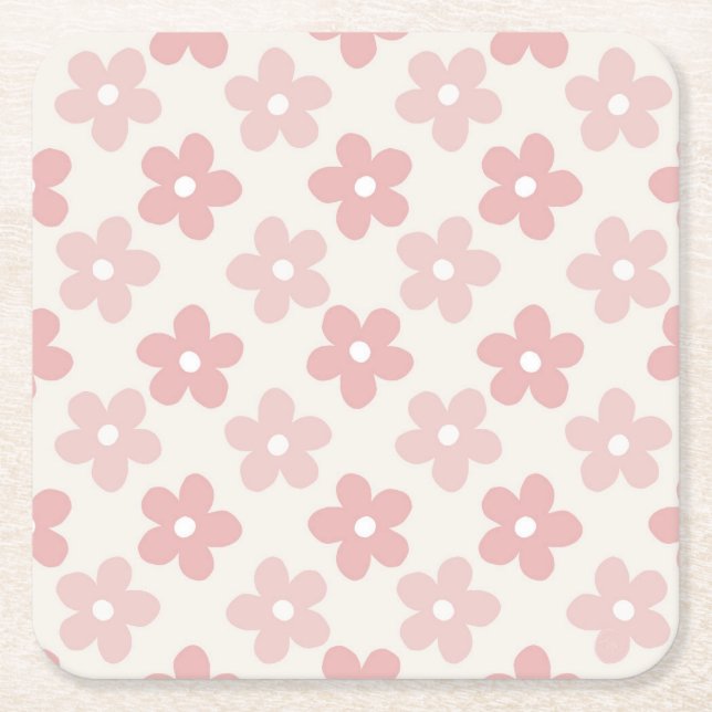 Rosa Cream Daisy Flowers Retro Mönster Underlägg Papper Kvadrat (Framsidan)
