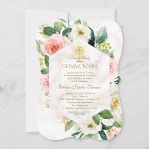 Rosa Cream Flowers Ram Marble Heliga Communion Inbjudningar