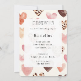 Rosa Cream Hearts Leopard Birthday Inbjudningar