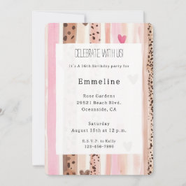 Rosa Cream Hearts Leopard Rand Birthday Inbjudningar