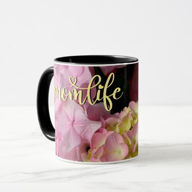 Rosa Cream Hydrangeas gult rosa blommigt #momlife Mugg (Framsida vänster)
