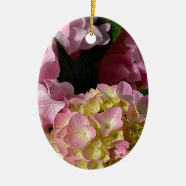 Rosa Cream Hydrangeas gult rosa grönt blommigt Julgransprydnad Keramik (Framsidan)