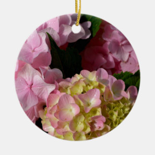 Rosa Cream Hydrangeas gult rosa grönt blommigt Julgransprydnad Keramik