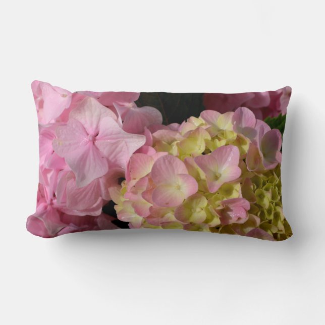 Rosa Cream Hydrangeas gult rosa grönt blommigt Lumbarkudde (Framsida)