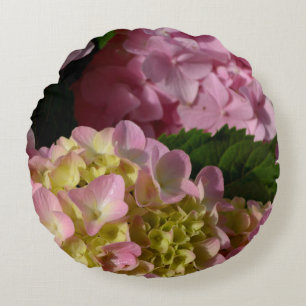 Rosa Cream Hydrangeas gult rosa grönt blommigt Rund Kudde