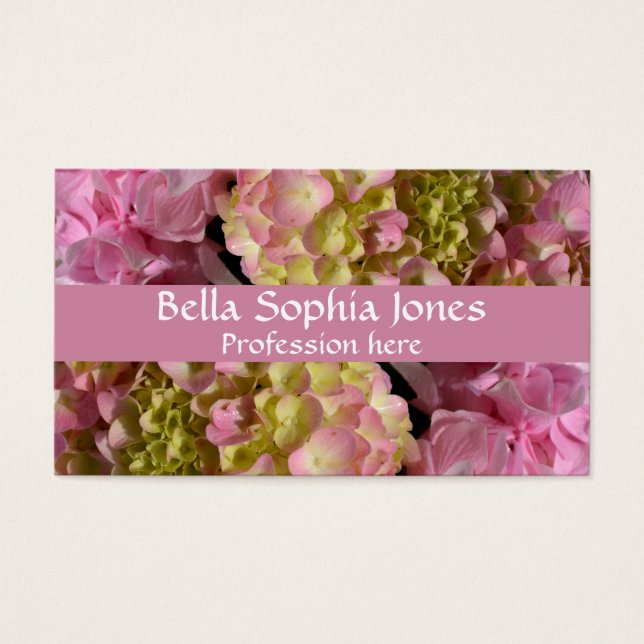 Rosa Cream Hydrangeas gult rosa grönt blommigt Visitkort (Framsidan)