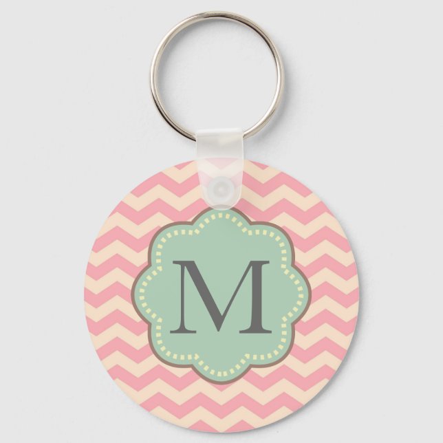 Rosa Cream Mint Chevron Rand Monogram Nyckelring (Framsida)