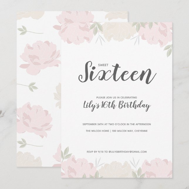 Rosa & Cream Peonies Sweet 16 Födelsedagsfester Inbjudningar (Fram/baksida)