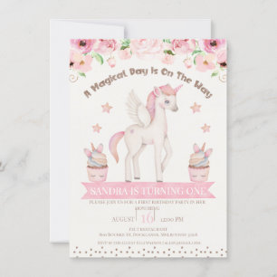 Rosa Cream Unicorn Magic Day 1:a födelsedagen Inbjudningar