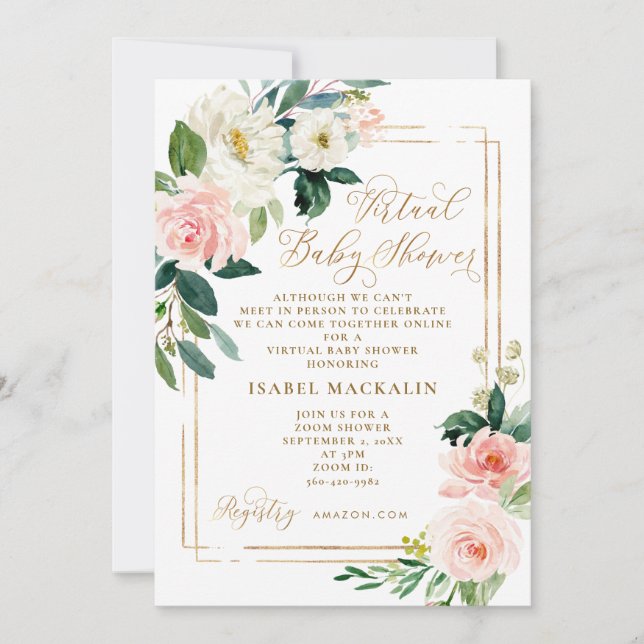Rosa Cream Watercolor Blommigt Virtuell Baby Showe Inbjudningar (Framsida)