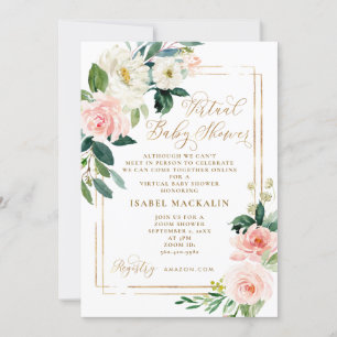 Rosa Cream Watercolor Blommigt Virtuell Baby Showe Inbjudningar