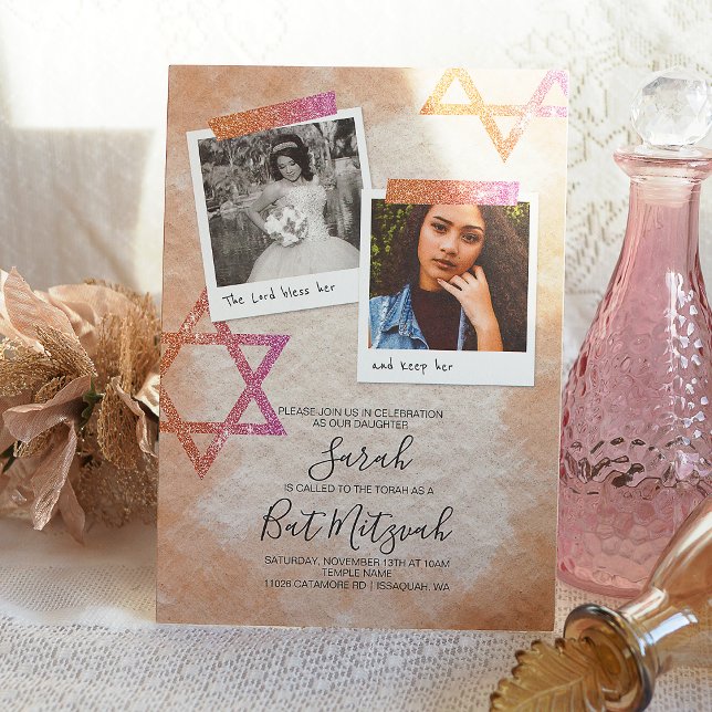 Rosa, Creamsicle Orange Bat mitzvah Gnistra Stars Inbjudningar (Rose gold, glitter, star of david bat mitzvah invitation templates for pink sparkles bat mitzvah)