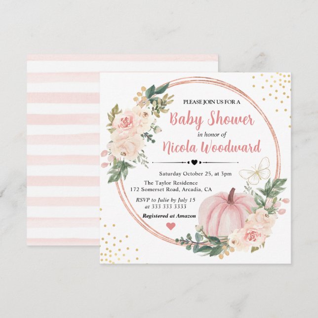 Rosa & Crème Blommig Pumpa Baby Shower Inbjudningar (Fram/baksida)