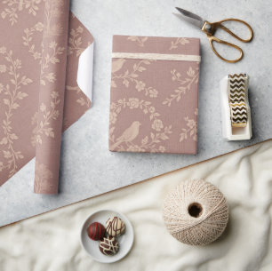 Rosa & Crème Fransk Toile Fåglar  Presentpapper