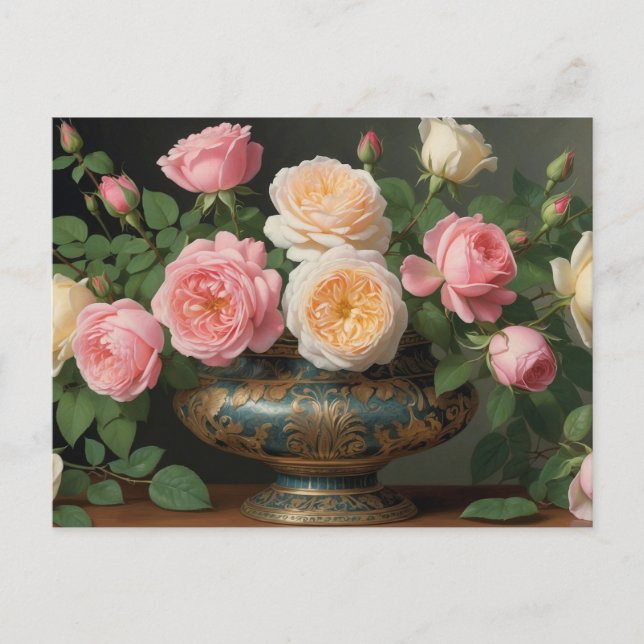 Rosa, crèmfärgade rosor i antikt vas  vykort (Framsida)