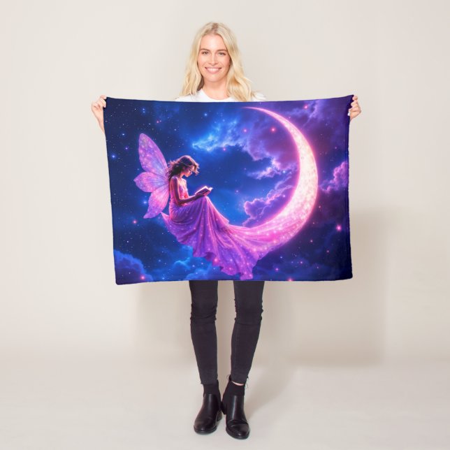 Rosa Crescent måne fairy talg starry himmel art Fleecefilt (På plats)