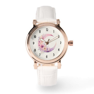 Rosa Crescent Måne med Söt Flowers Armbandsur