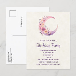 Rosa Crescent Måne med Söt Flowers Birthday Inbjudan Vykort