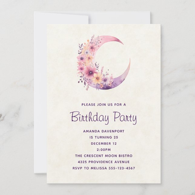 Rosa Crescent Måne med Söt Flowers Birthday Inbjudningar (Framsida)