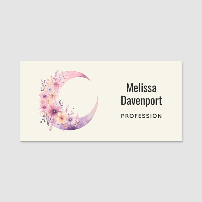 Rosa Crescent Måne med Söt Flowers Namnbricka (Framsida)