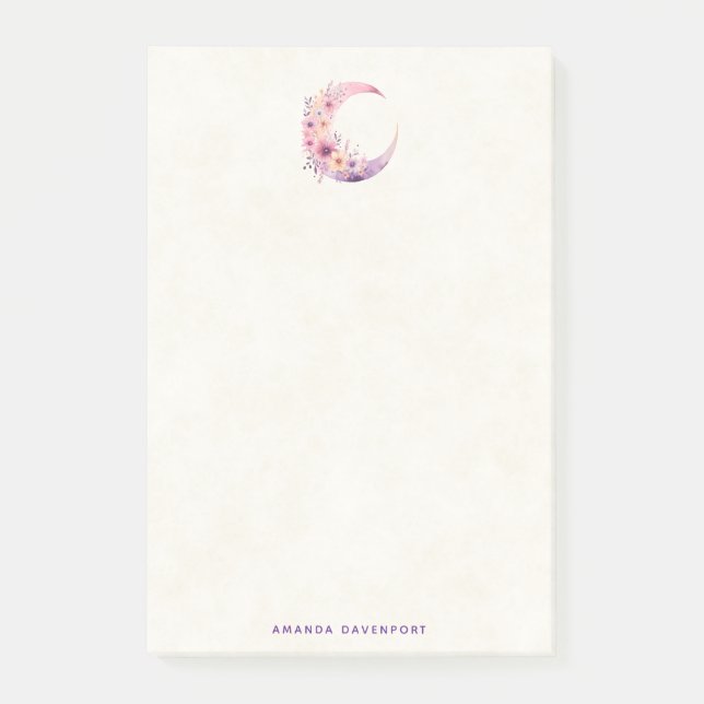 Rosa Crescent Måne med Söt Flowers Post-it Block (Framsida)