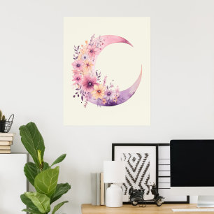 Rosa Crescent Måne med Söt Flowers Poster